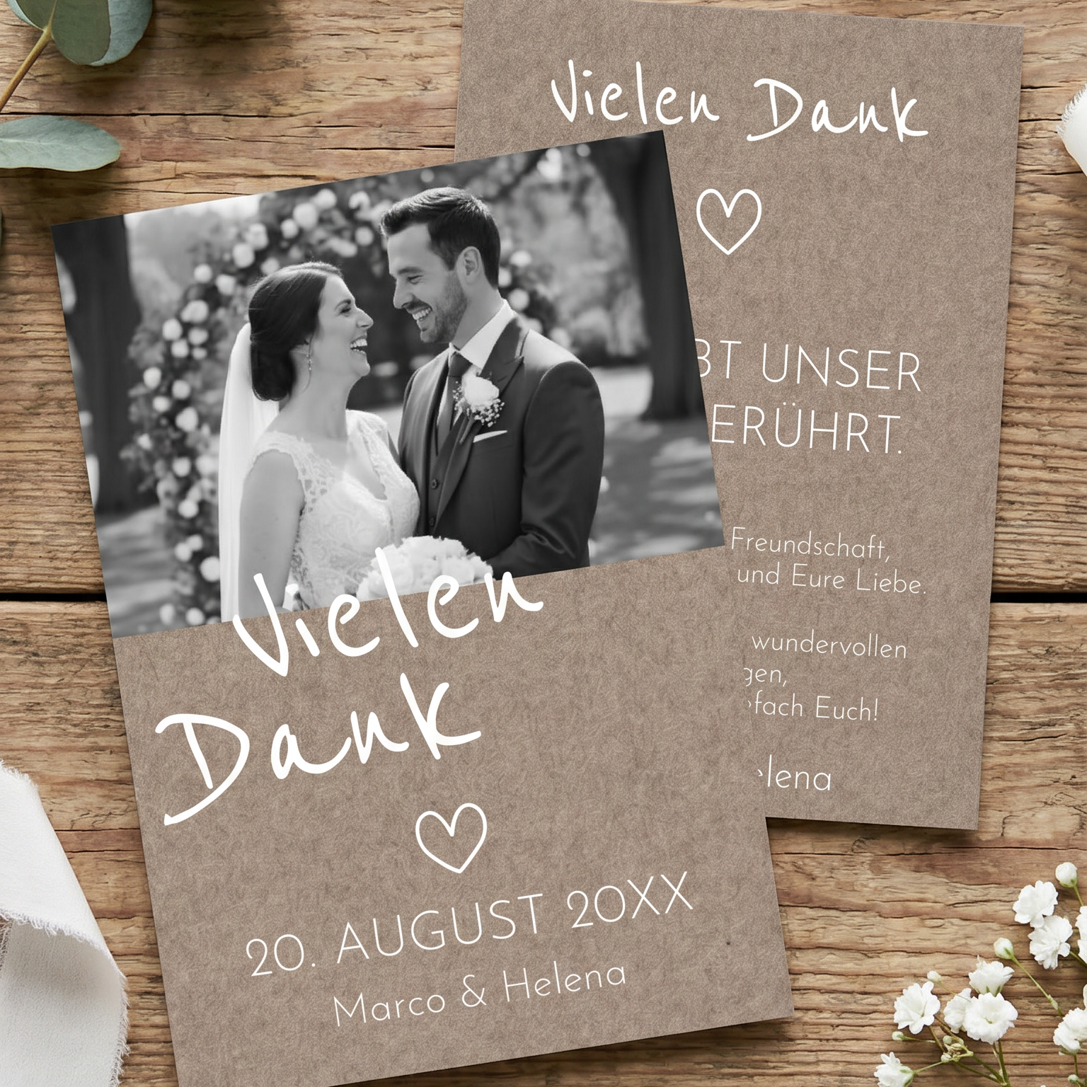 Danksagungskarten Hochzeit – Rustikale Dankeskarten mit Foto & verspielter Eleganz - Individuelle Einladung