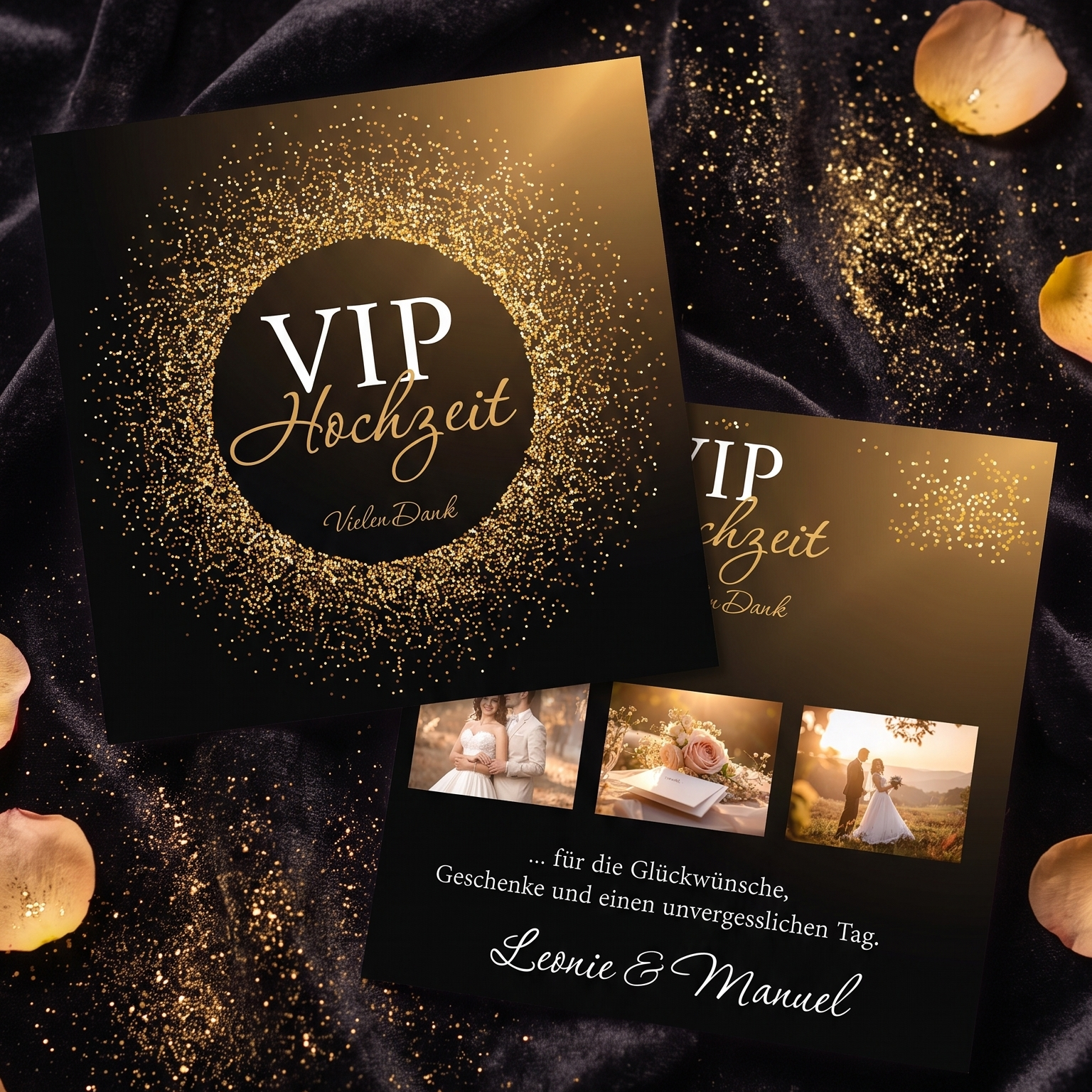 Danksagungskarten Hochzeit – Elegante VIP Karte schwarz gold mit Foto & persönlichem Text - Individuelle Einladung