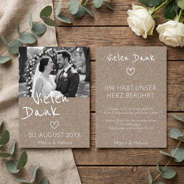 Danksagungskarten Hochzeit – Rustikale Dankeskarten mit Foto & verspielter Eleganz - Individuelle Einladung