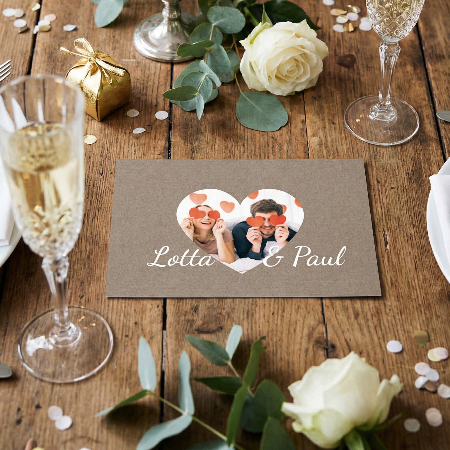 Rustikale Hochzeitseinladung – Einladung Hochzeit mit Herzfoto Karte - Individuelle Einladung