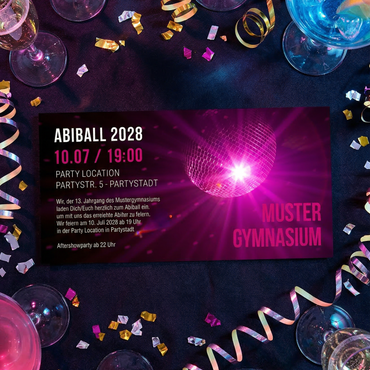 Einladung Abiball Discokugel – Abiball Einladung lila | Glamour Party Karte - Individuelle Einladung