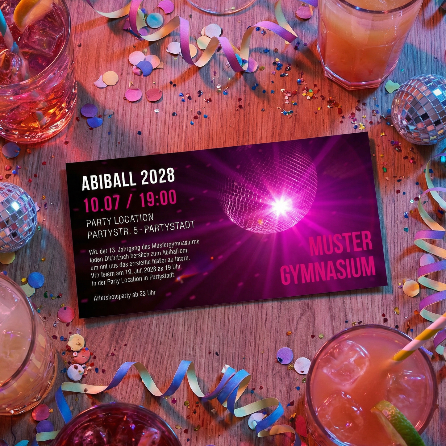 Einladung Abiball Discokugel – Abiball Einladung lila | Glamour Party Karte - Individuelle Einladung
