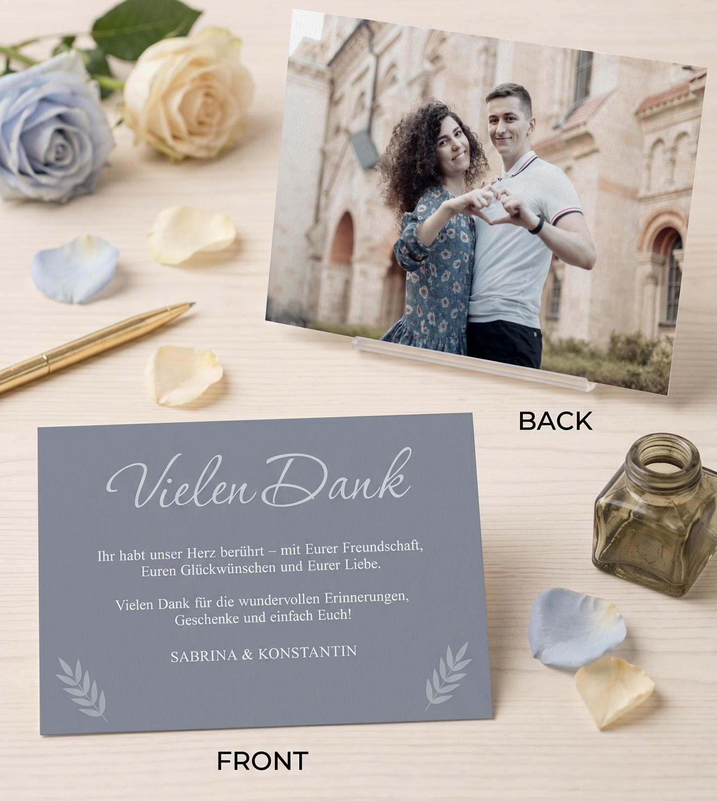 Danksagungskarten Hochzeit – Personalisierte Dankeskarten mit Urlaubsfoto in Bluedust Design - Individuelle Einladung
