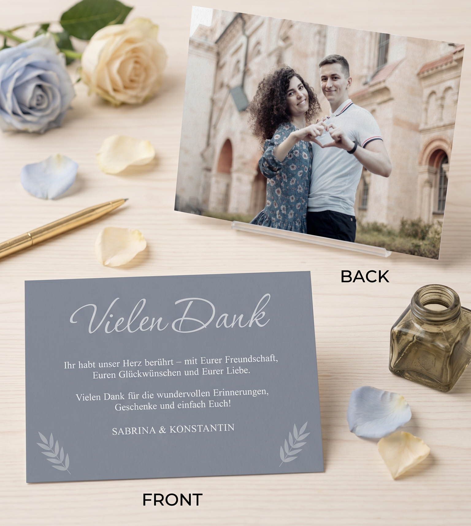 Danksagungskarten Hochzeit – Personalisierte Dankeskarten mit Urlaubsfoto in Bluedust Design - Individuelle Einladung