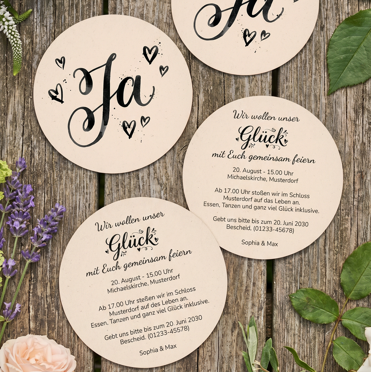 Einladung Hochzeit Bierdeckel „JA“ – Edle Kalligraphie - beidseitig bedruckt - Individuelle Einladung