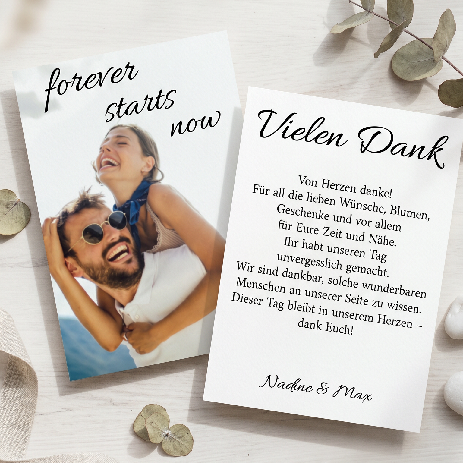 Danksagungskarten Hochzeit – Personalisierte Dankeskarten mit Foto & Spruch forever starts now - Individuelle Einladung