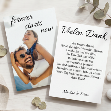 Danksagungskarten Hochzeit – Personalisierte Dankeskarten mit Foto & Spruch forever starts now - Individuelle Einladung