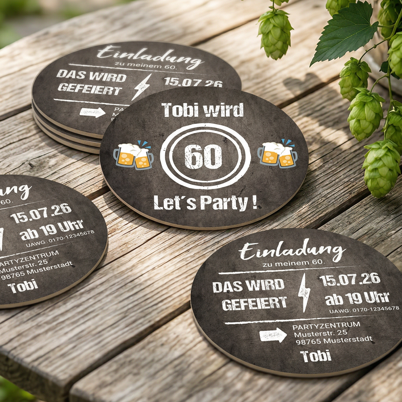 Bierdeckel Einladung zum 60. Geburtstag: LET’S PARTY! 🎉🥳 - Individuelle Einladung