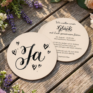 Einladung Hochzeit Bierdeckel „JA“ – Edle Kalligraphie - beidseitig bedruckt