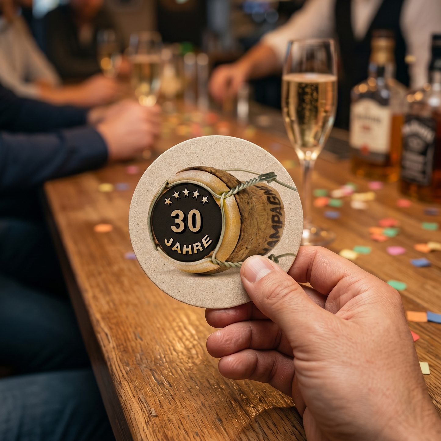 Bierdeckel Einladung zum Geburtstag: Champagner Korken zum 30. Geburtstag