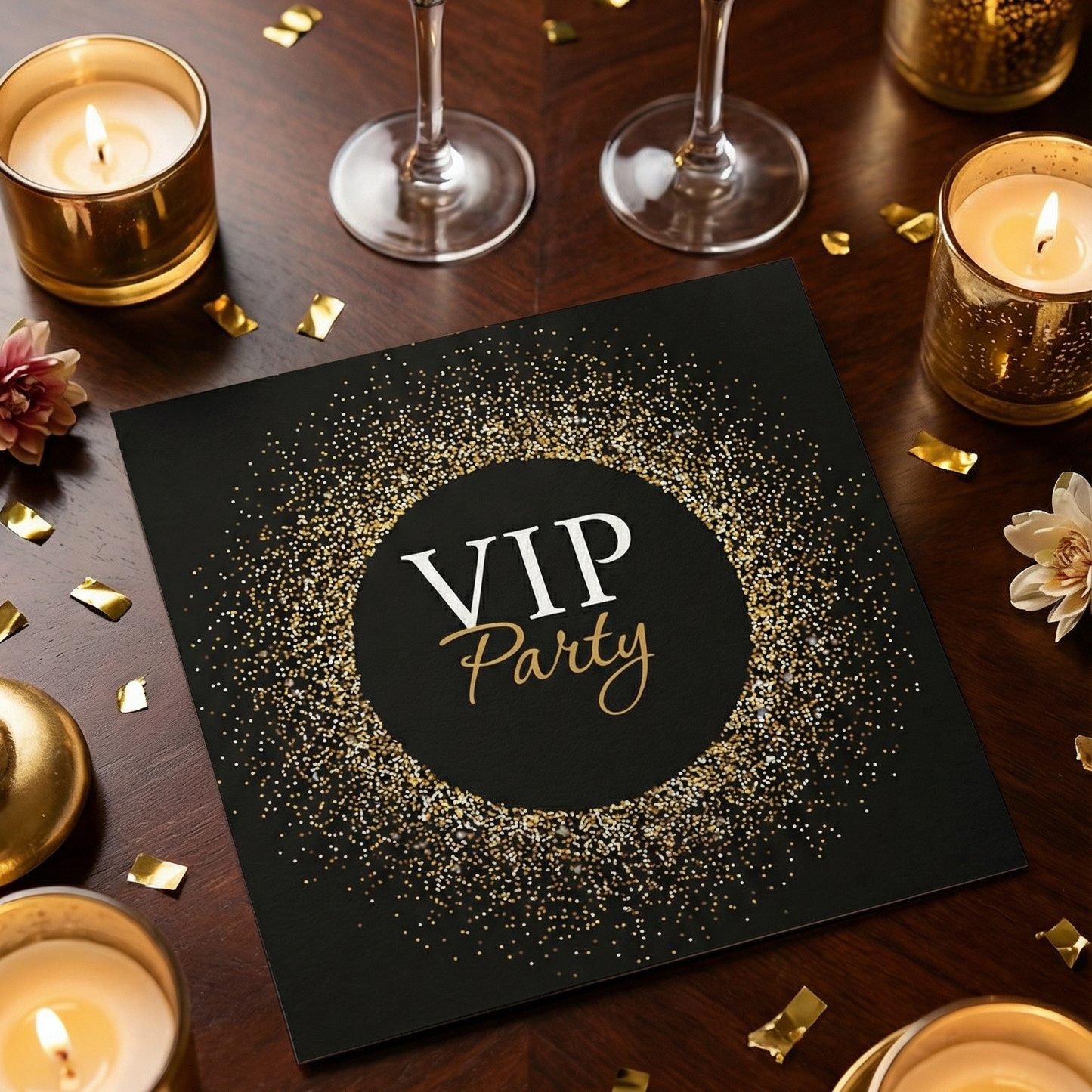 VIP Party Einladung – Exklusive schwarz gold quadratische Einladungskarte mit hochwertigem Druck - Individuelle Einladung