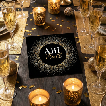 Abiball Einladung Glamour – Quadratische schwarz gold Einladungskarten für Abschlussfeier - Individuelle Einladung