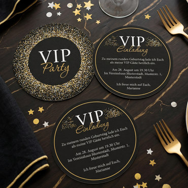Bierdeckel Einladung VIP – Runde schwarze Bierdeckel für exklusive Party Einladung