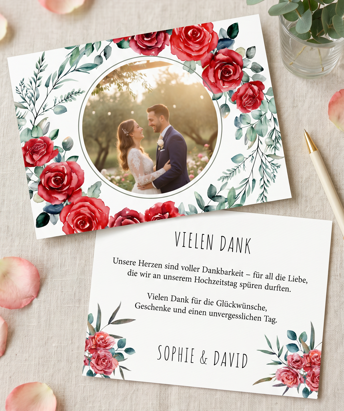 Danksagungskarten Hochzeit – Romantische Rosenkarte mit Foto & persönlicher Gestaltung - Individuelle Einladung