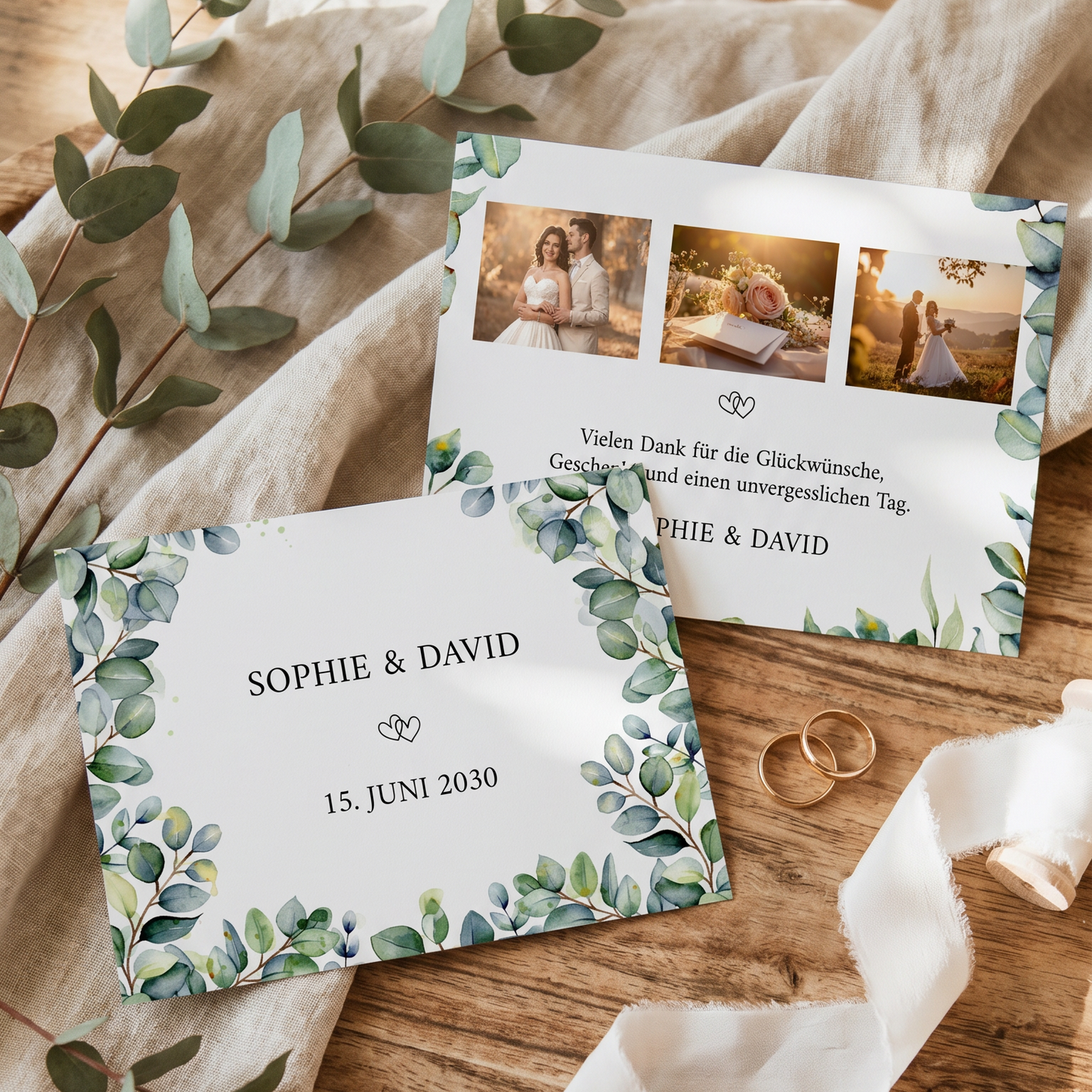 Danksagungskarten Hochzeit – Stilvolle Dankeskarte Eukalyptus Ranken modern Design - Individuelle Einladung