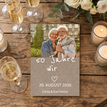Einladung Goldene Hochzeit – Rustikale Hochzeitseinladung mit Foto, naturfarben & Stil