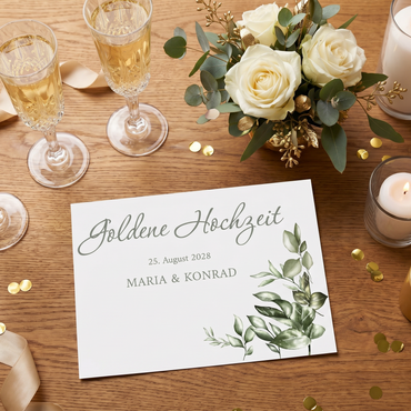 Goldene Hochzeit Einladung – Greenery Postkarte | Nachhaltige, stilvolle Hochzeitseinladung - Individuelle Einladung