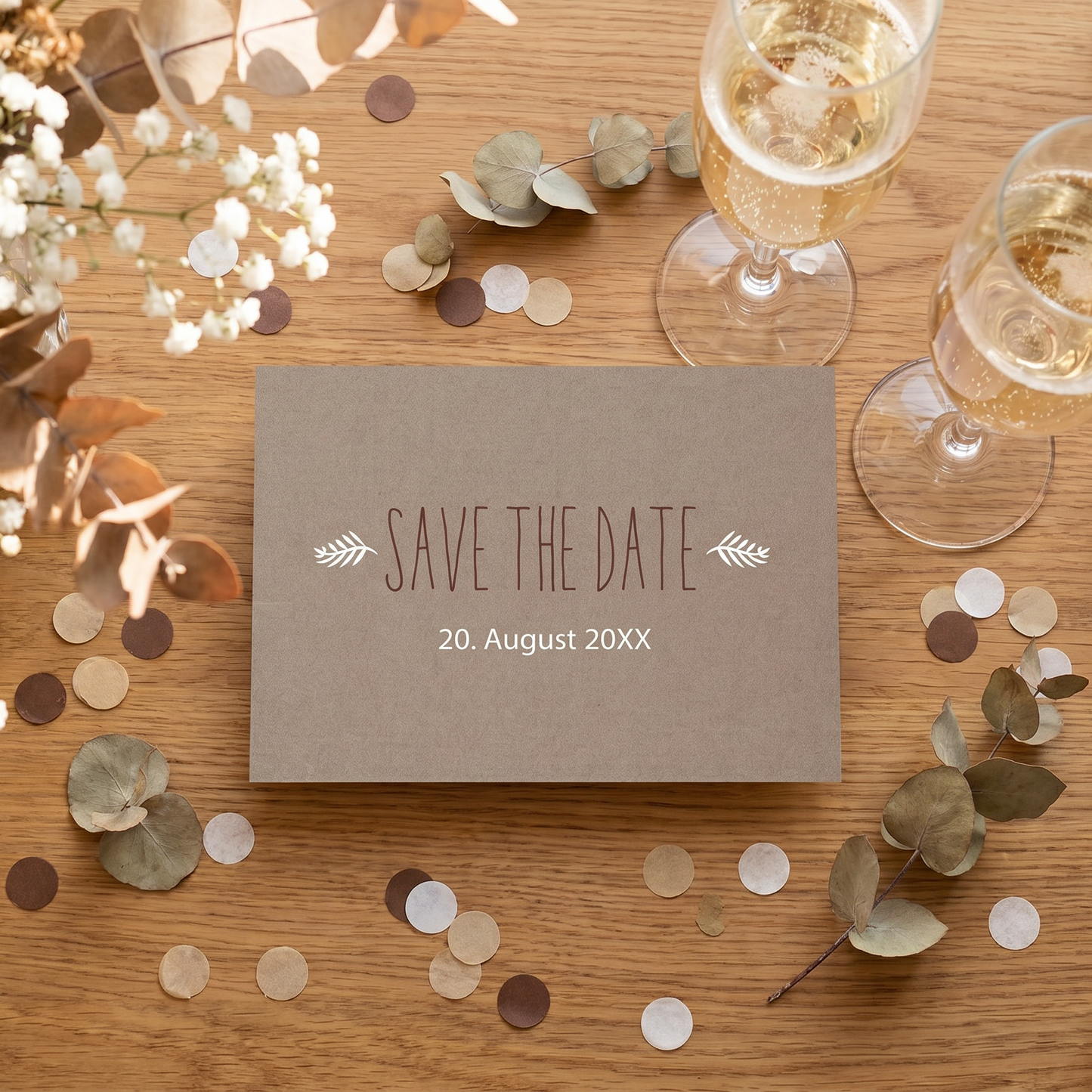Save the Date Karten Hochzeit | Design mit Oliven Zweigen & brauner Schrift - Individuelle Einladung