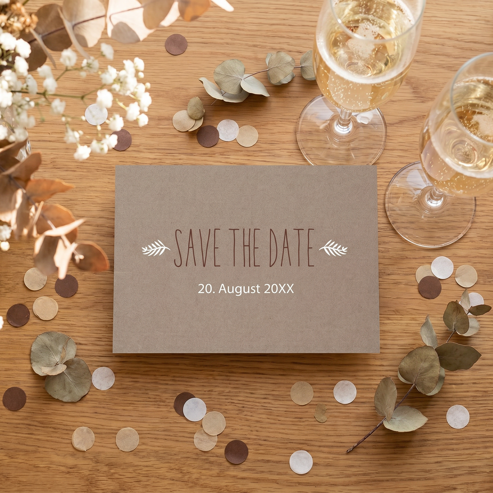 Save the Date Karten Hochzeit | Design mit Oliven Zweigen & brauner Schrift - Individuelle Einladung