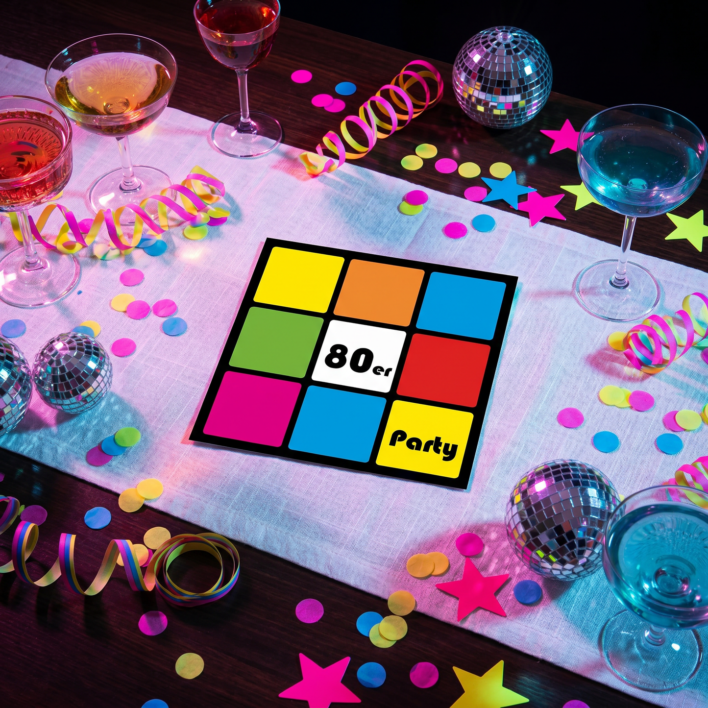 80er Jahre Party Einladung – Retro Party Einladung mit Zauberwürfel Design - Individuelle Einladung