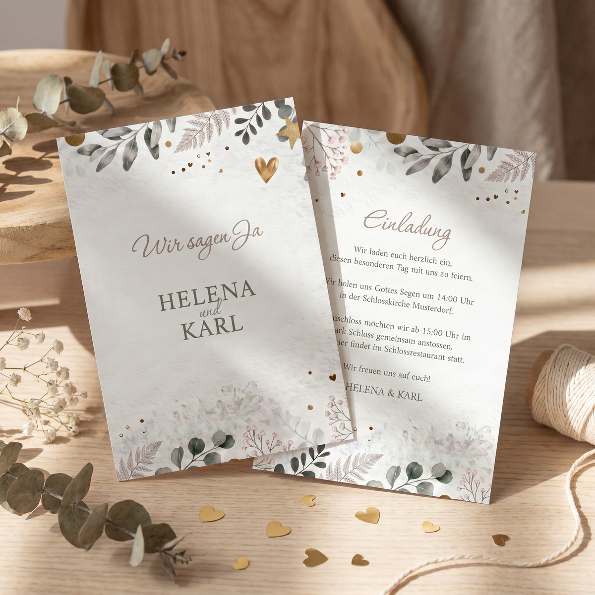 Hochzeitseinladung personalisiert – „Golden Bloom“ | Elegante Einladungskarte
