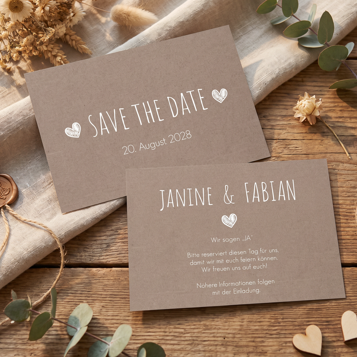 Save the Date Karten Hochzeit – Rustikale Einladung mit herzförmigen Elementen