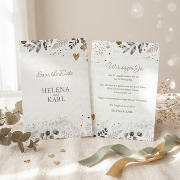 Save the Date Karte Hochzeit „Golden Bloom“ – Elegante Vorankündigung mit goldener Note