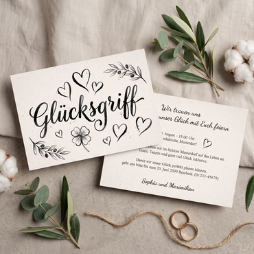 Verspielte Hochzeitseinladung „GLÜCKSGRIFF“ | Edles Typografie-Design mit Herzen