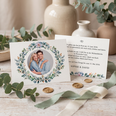 Einladung zur Hochzeit – Eukalyptus Motiv Einladungskarten mit Foto | Elegante Hochzeitskarten