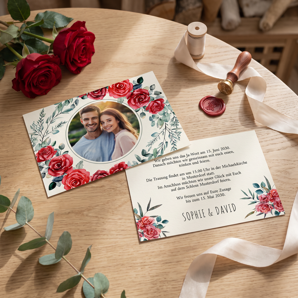 Romantische Rosen Einladung – Elegante Hochzeitseinladung mit Foto & klassischem Design