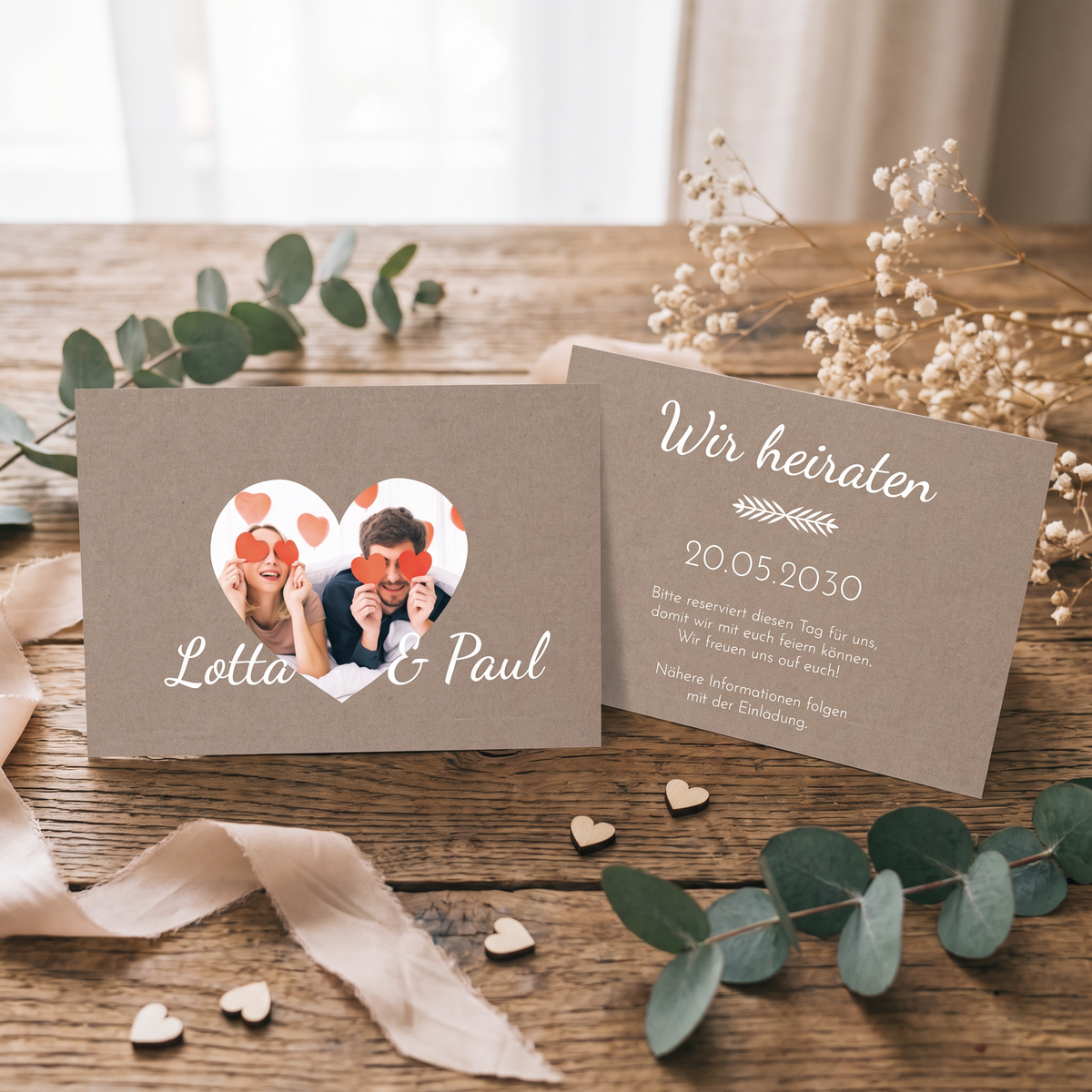 Save the Date Karten Hochzeit – Rustikale Einladung mit Herzfoto | Liebevolles Design