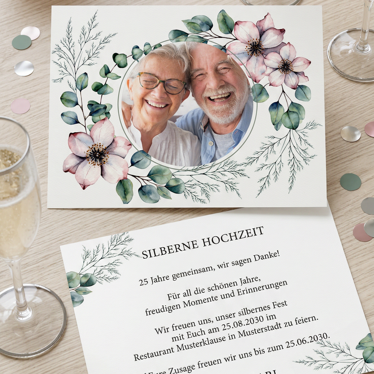 Einladung Silberne Hochzeit – Romantische Einladungskarte mit Blumendesign & Foto - Individuelle Einladung