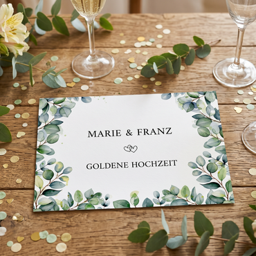 Einladung Goldene Hochzeit – Stilvolle Eukalyptus Einladungskarte mit Ranken Design