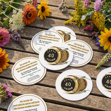 Bierdeckel Einladung zum 40. Geburtstag: Champagner Korken