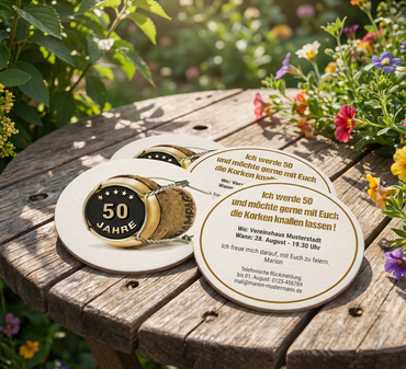 Bierdeckel Einladung zum 50. Geburtstag: Champagner Korken