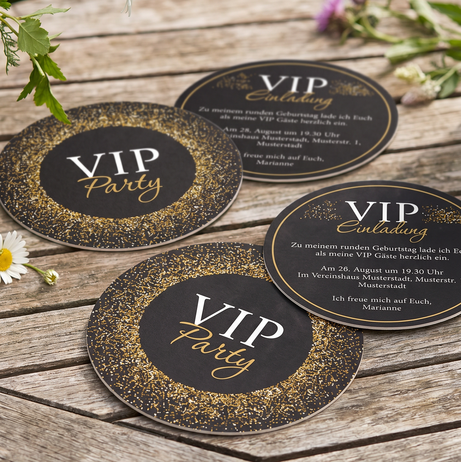 Bierdeckel Einladung VIP – Runde schwarze Bierdeckel für exklusive Party Einladung - Individuelle Einladung