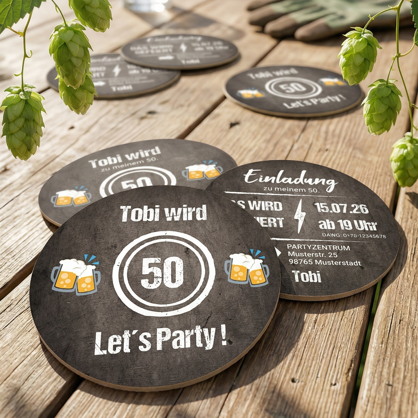 Bierdeckel Einladung zum 50. Geburtstag:  LET’S PARTY! 🎉🍻 - Individuelle Einladung
