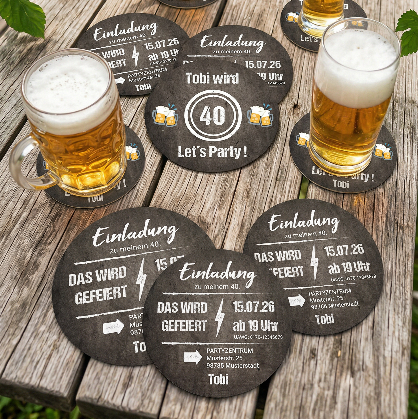 Bierdeckel Einladung: Let´s Party! Einladung 40. Geburtstag - Individuelle Einladung