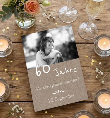 Rustikale Einladung zum 60. Geburtstag mit Foto - Individuelle Einladung