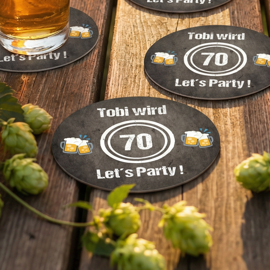 Bierdeckel Einladung zum 70. Geburtstag: LET’S PARTY! 🎉🍺 - Individuelle Einladung