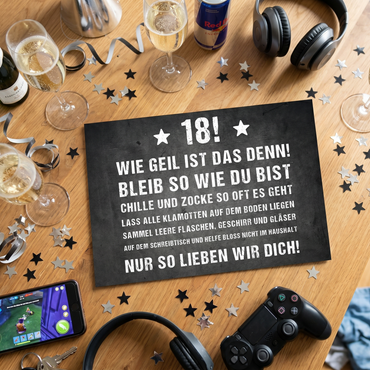 Geburtstagskarte 18 – Coole Lustige Geburtstagskarte mit frechem Spruch - Individuelle Einladung