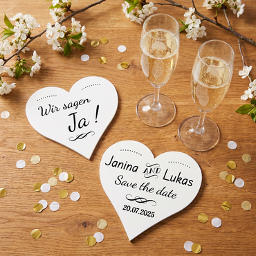 Save the Date Hochzeit Bierdeckel – Herzförmige Untersetzer in weiß - Individuelle Einladung