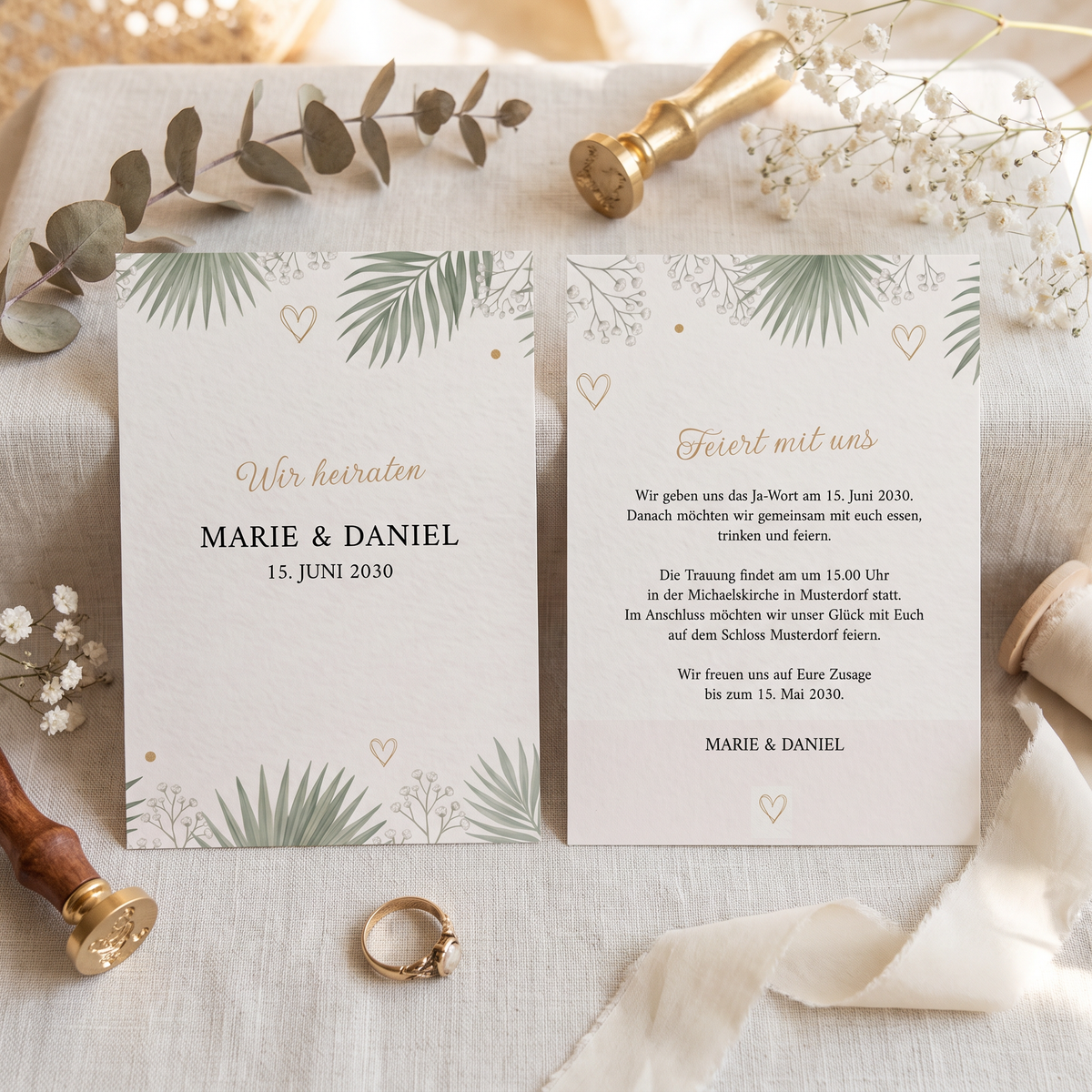 Einladung Hochzeit Botanical – Karte Eukalyptus, Palmwedel & Gold | Greenery Stil