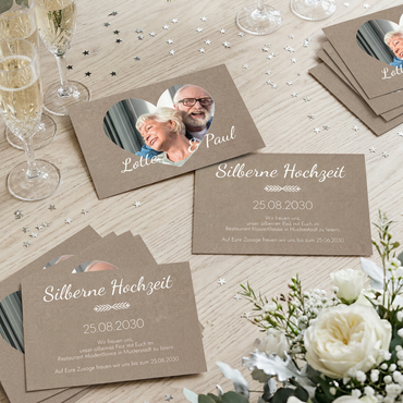 Einladung Silberne Hochzeit – Rustikale Hochzeitseinladung mit Herzfoto & Vintage Stil - Individuelle Einladung