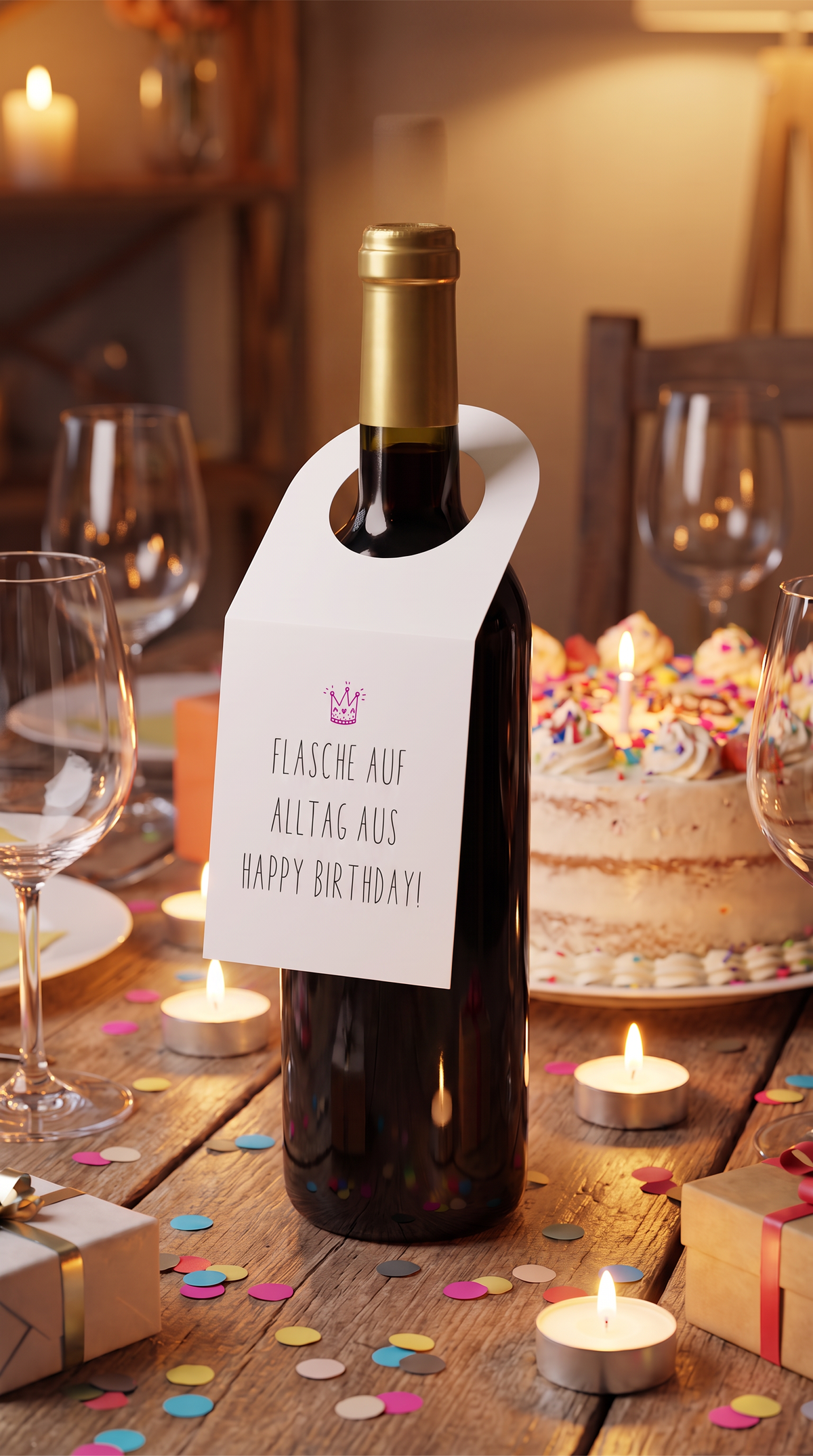 Flaschenanhänger Geburtstag „Flasche auf. Alltag aus.“ – Happy Birthday