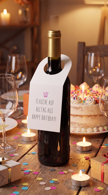 Flaschenanhänger Geburtstag „Flasche auf. Alltag aus.“ – Happy Birthday
