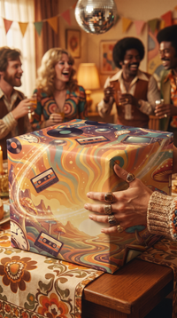 Geschenkpapier 70er Jahre Psychedelic Retro | Premium DIN A2 Bögen – Vinyl, Disco & Kassetten Motiv