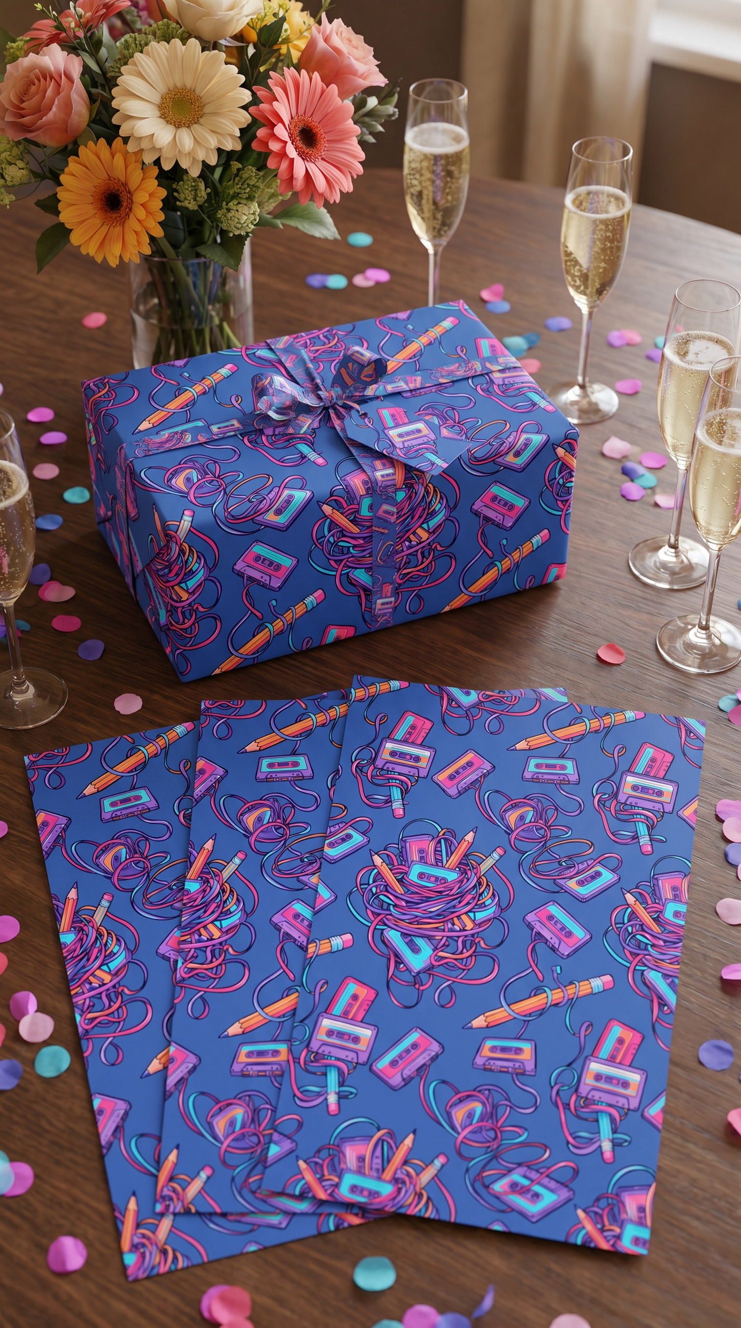 Lustiges Geschenkpapier Set 5 Bögen Kassetten aufrollen - witziges Motiv zum Geburtstag - Individuelle Einladung