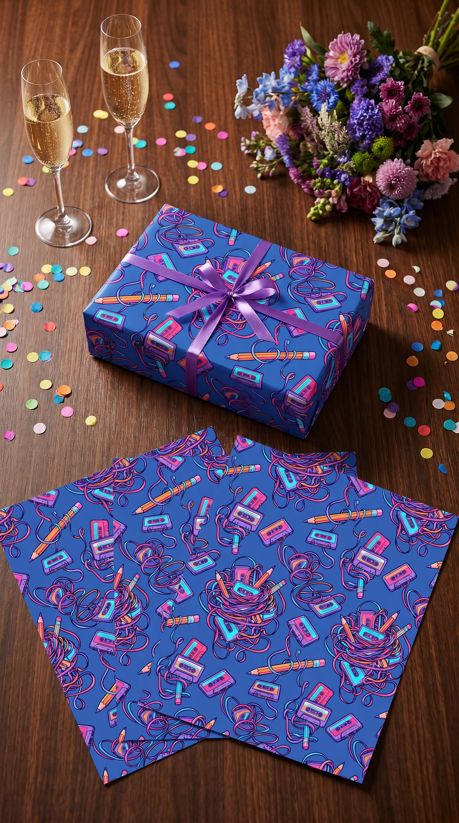 Lustiges Geschenkpapier Set 5 Bögen Kassetten aufrollen - witziges Motiv zum Geburtstag - Individuelle Einladung