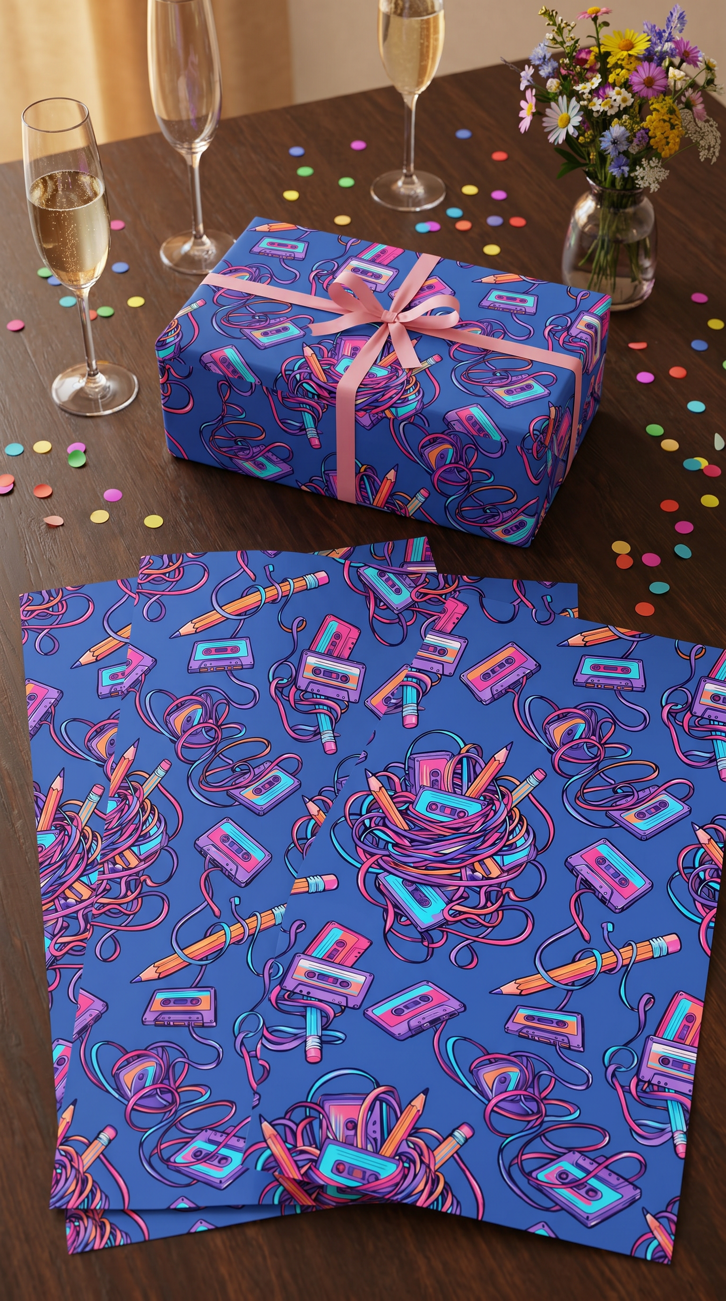 Lustiges Geschenkpapier Set 5 Bögen Kassetten aufrollen - witziges Motiv zum Geburtstag - Individuelle Einladung